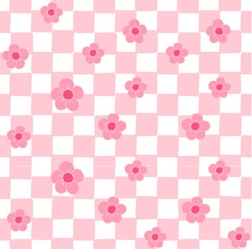 Vector seamless pattern of pink hand drawn sketch doodle checkered chessboard texture with flowers isolated on white background