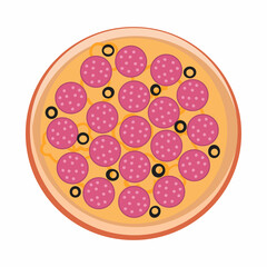 Pizza with salami and olives. Vector illustration in a flat style on a white background. Top view.