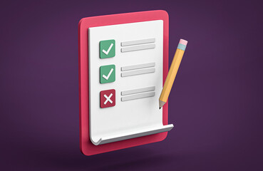 Notebook with to-do list with pencil on purple background. 3d illustration. Good organization with check list.