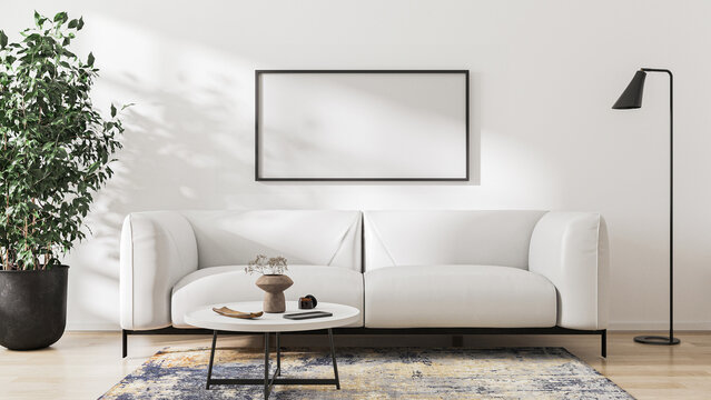 blank picture frame mock up in modern light living room interior with white sofa, 3d rendering