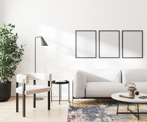 three blank frames mock up in home living room interior with white sofa, 3d rendering