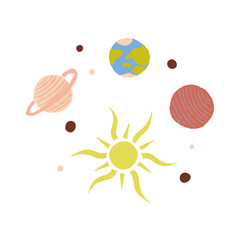 Universe in circle. Sun with Saturn, Earth, planets-satellites. Cute hand-drawn childish style vector illustration.