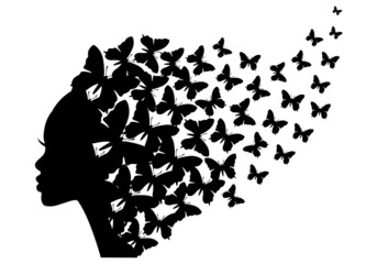 Black woman silhouette with flying butterflies, vector illustration
