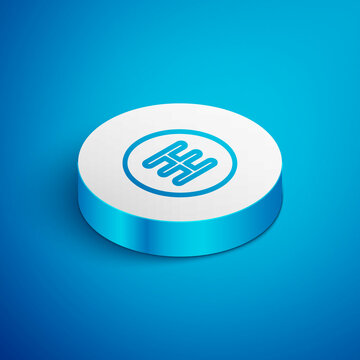 Isometric line Gear shifter icon isolated on blue background. Transmission icon. White circle button. Vector