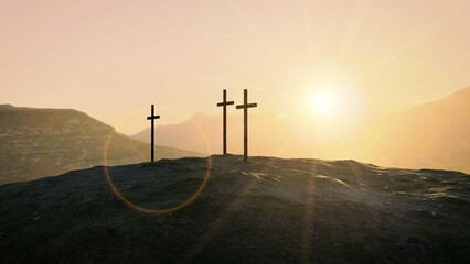 Crosses on the hill, sun rays, flares, mountains, landscpae, representing the resurrection of Christ