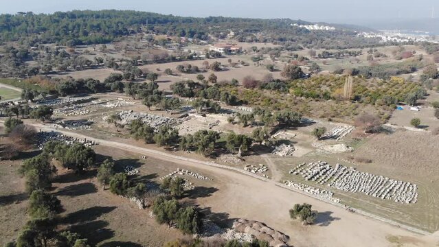 Aerial View Of The Countryside With Archeological Excavations In The Foreground (Teos, Turkey)