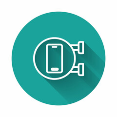 White line Phone repair service icon isolated with long shadow background. Adjusting, service, setting, maintenance, repair, fixing. Green circle button. Vector