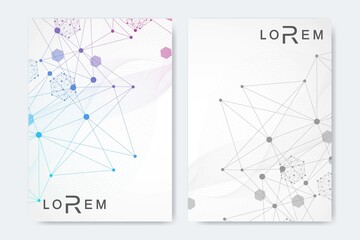 Scientific brochure design template. Vector flyer layout, Molecular structure with connected lines and dots. Scientific pattern atom DNA with elements for magazine, leaflet, cover, poster design.