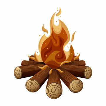 Campfire, vector image of firewood with fire, elements of camping or hiking in the forest for banner, poster, sticker, social media