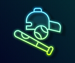 Glowing neon line Baseball bat with ball, hat icon isolated on black background. Vector