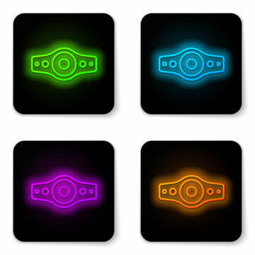 Glowing Neon Line Wrestling Championship Belt Icon Isolated On White Background. Black Square Button. Vector