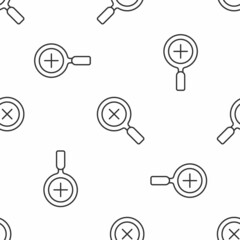 Grey line Magnifying glass and delete icon isolated seamless pattern on white background. Search, focus, zoom, business symbol. Vector