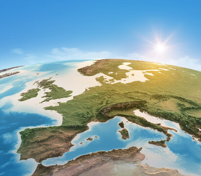 Physical map of Planet Earth, focused on Western Europe. Satellite view, sun shining on the horizon. 3D illustration - Elements of this image furnished by NASA