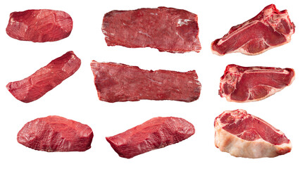 Collage of isolated raw beef meat pieces on the white background