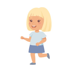 Smiling Blond Little Girl Character in Blue Skirt in Running Pose Vector Illustration