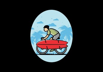 Ride a bike with a surf board illustration