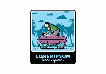 Ride a bike with a surf board illustration