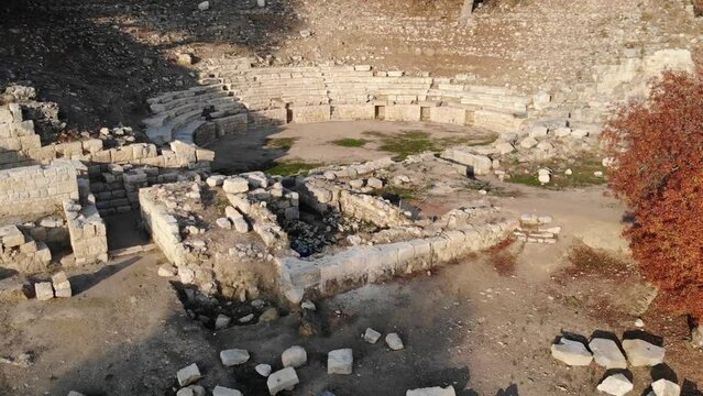 Drone Footage Aerial View Of An Ancient Greek Theater Ruins (Teos, Turkey)