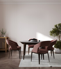 Room interior with pink dining table and chairs, white wall and green plant, 3d rendering