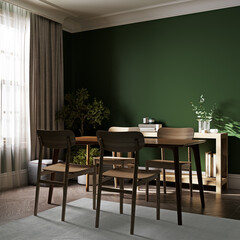 Home interior mock-up with green wall, table, chair and decor in living room, 3d render