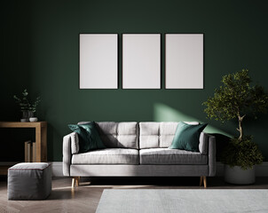 Poster frames mock-up in home interior background, living room in green and gray tones, 3d render