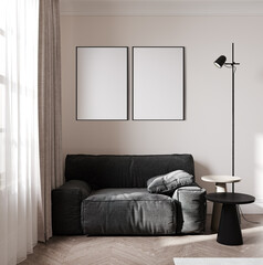 Blank poster frames mock up in scandinavian style living room interior, modern living room interior background, 3d rendering