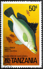 TANZANIA - CIRCA 1977: A stamp printed in Tanzania shows a fish Perca Nilotica circa 1977.