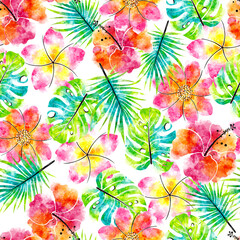 Tropical Flowers and Leaves Watercolor Seamless Pattern