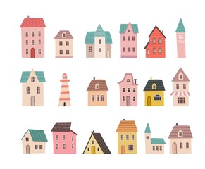 Set of small cute houses. Cartoon buildings icons. Tiny home collection in hand draw style isolated on white background. Flat design.