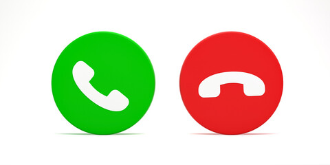 3D rendering, 3D illustration. Telephone icons Accept call and decline button. Answer and reject incoming call on white background.