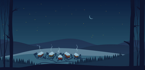 Fototapeta premium Christmas village at night vector illustration. Cartoon cold snowy winter scene with trees, houses and cottages with magic lights in windows, pathways under blue sky background. Countryside concept