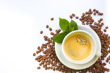 Black Crema Espresso coffee on cup topview on red background