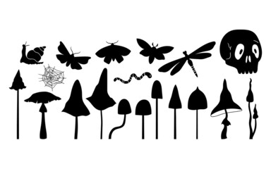 Mystical mushroom, butterfly, moth, dragonfly and skull silhouettes bundle, hand drawn fungi and insects isolated clip art , hand drawn mush in black solid form, vector illustration set