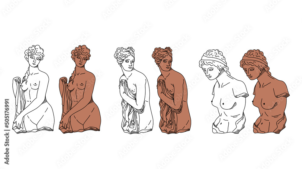 Wall mural graceful ancient greek statues of a goddess and a nymph, vector black white and terracotta sculpture