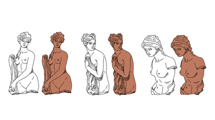 Graceful ancient Greek statues of a goddess and a nymph, vector black white and terracotta sculptures of female figures, hand drawn women bodies isolated clip art bundle