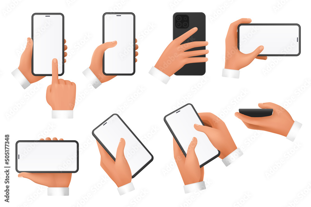 Aufkleber 3d hands of businessman hold mobile phone with empty blank screen set vector illustration. Arms use smartphones with different positions, scroll, swipe, touch device with finger isolated on white