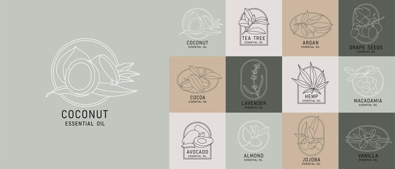 Vector set design templates and emblems - healthy and essential cosmetics oils. Different natural, organic oils. Logos in trendy linear style.