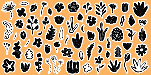 Set of trendy stickers with leaves and flowers. Modern minimalist art. Flat creative design for print or web design. Vector