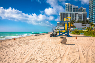 Turquoise sand ocean beach and waterfront in Hollywood, Florida view
