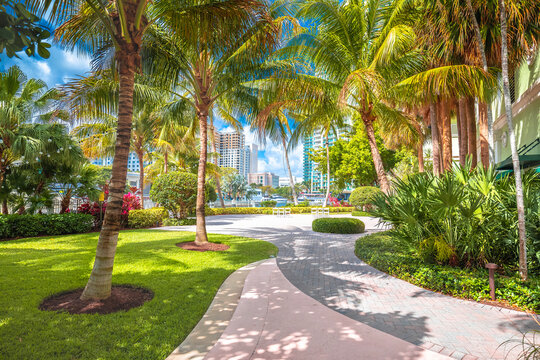 Fort Lauderdale green waterfront park walkway view, south Florida
