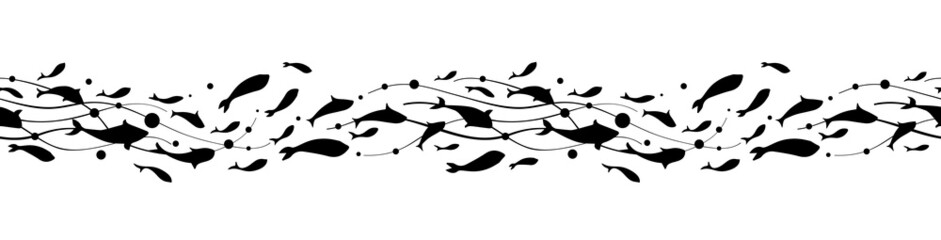 Fish wave black seamless pattern. Vector illustration - obrazy, fototapety, plakaty