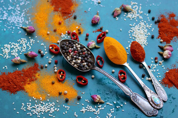 Still life with vintage silver spoons on a table. Aromatic spices and herbs on blue background. Natural antioxidants concept, Colorful picture of turmeric, paprika, chili pepper, sea salt, rose. 
