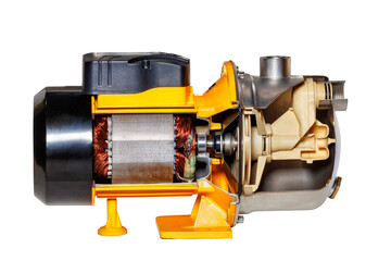 Sectional view of the inside of a high pressure water pump with built-in injector. Isolated on...
