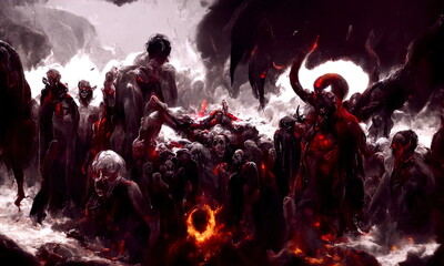 Purgatory, fire in hell. A crowd of sinful people is burning in hell in hellfire. The gateway to the infernal underworld. Devils demons and ghouls torment sinful people. 3d illustration - obrazy, fototapety, plakaty