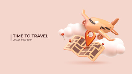 Opportunity to travel the world again. Pandemic cancellation, summer holidays, airplane flights. Visiting interesting places. Travel concept in Realistic 3d cartoon minimal style. Vector illustration - 505182134