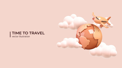 The plane flies around the planet in beautiful white clouds. Realistic 3d design of Travel concept in cartoon minimal style. Vector illustration