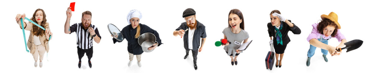 High angle view of group of men and women of different professions, jobs standing and looking up...