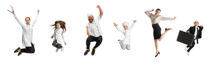 Composite image with cute beautiful little girls and boy, kids in image of nurse, businessman and female doctor, cook jumping isolated on white background