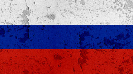 Russian flag background - Old rustic damaged crumbling facade wall texture background, painted in the colors of the flag of Russia