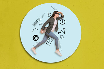3d retro abstract creative artwork template collage girl holding laptop jumping surround blog icons isolated blue circle yellow background